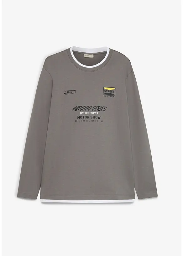 Langarmshirt in 2-in-1-Optik aus reiner Bio-Baumwolle in grau von vorne - bonprix