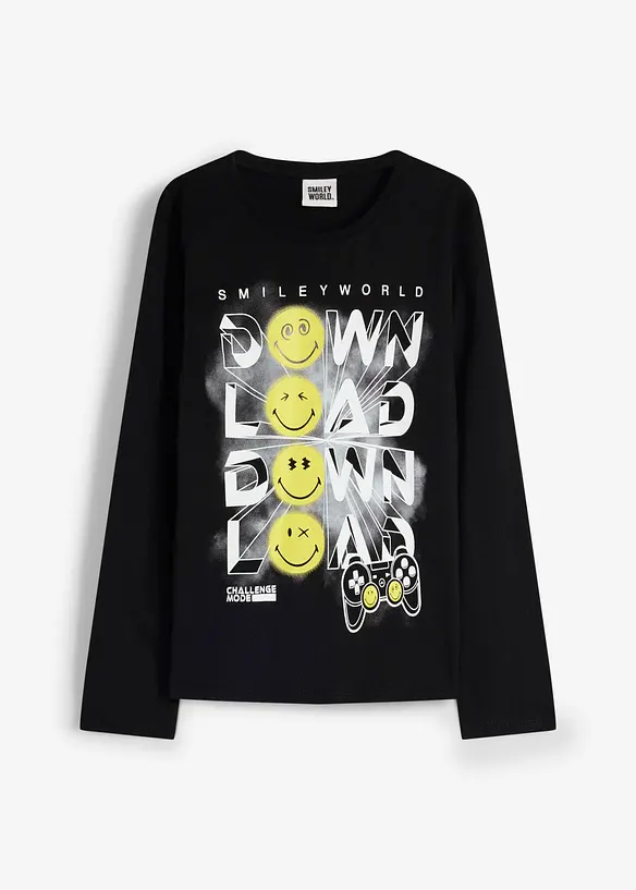 Smiley World Langarmshirt aus reiner Baumwolle in schwarz von vorne - SmileyWorld