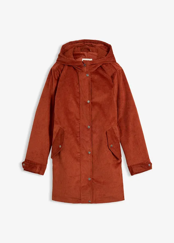 Warmer Cord-Parka mit Teddy-Futter in der Kapuze, in A-Linie in braun von vorne - bonprix