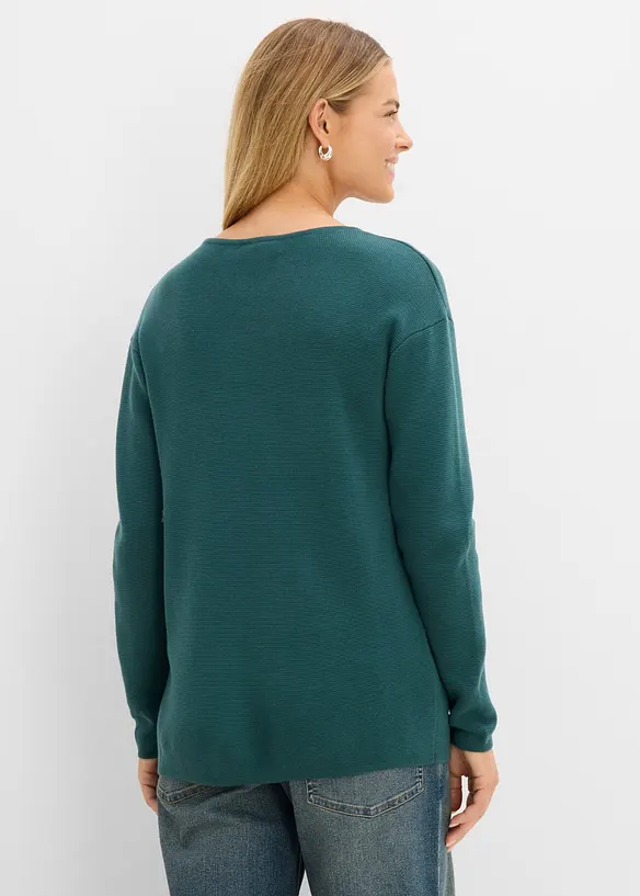 Milano Rib Pullover mit V-Ausschnitt in petrol von hinten (im Anschnitt) - bonprix