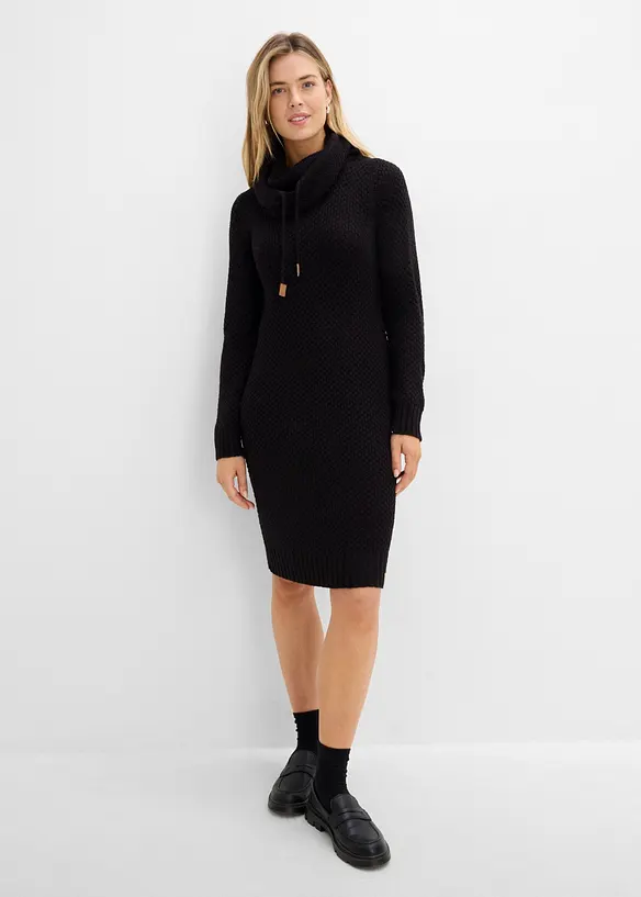 Strickkleid mit Schalkragen in schwarz von vorne (Totalaufnahme) - bonprix Strickkleid mit Schalkragen in schwarz von vorne (Totalaufnahme) - bonprix