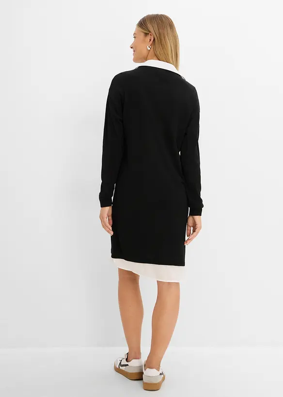 Strickkleid mit Blusen-Einsatz in schwarz von hinten (Totalaufnahme) - bonprix