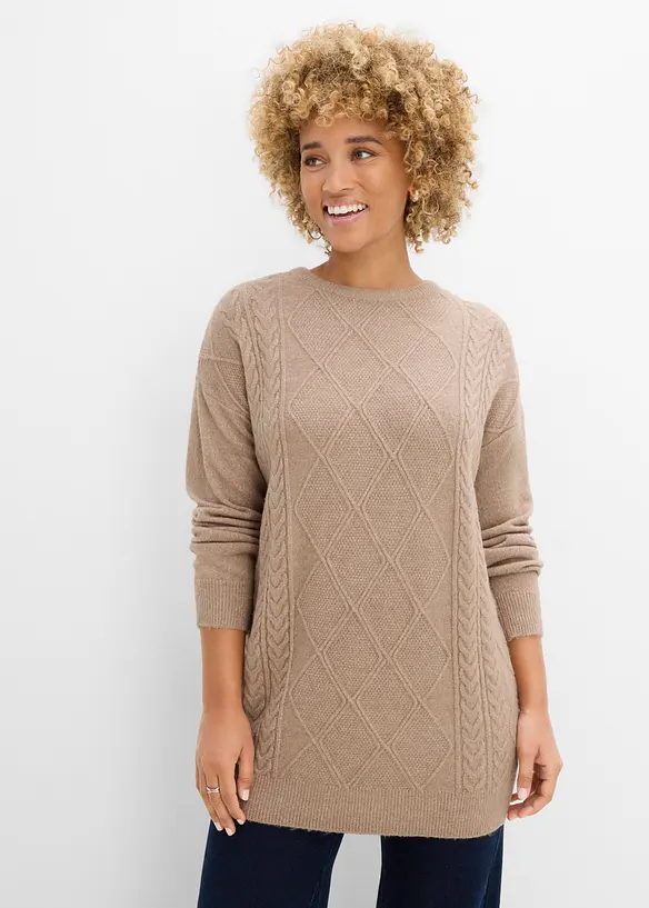 Oversize-Pullover mit Zopfmuster in braun von vorne (im Anschnitt) - bonprix Oversize-Pullover mit Zopfmuster in braun von vorne (im Anschnitt) - bonprix
