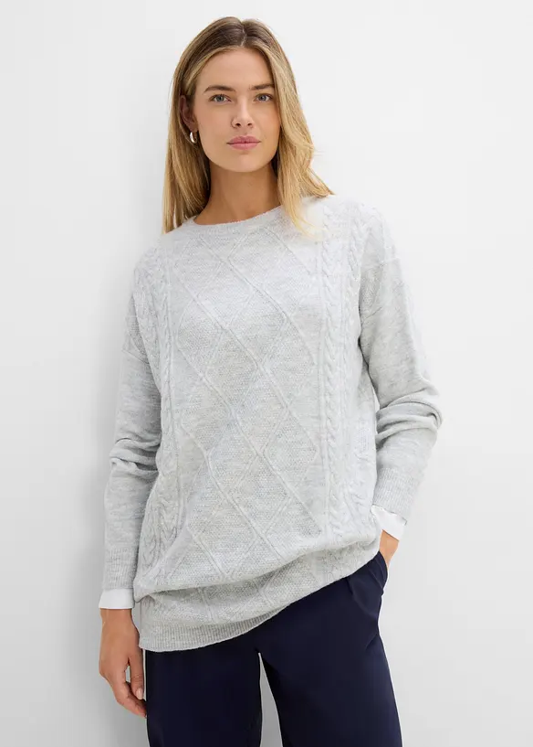 Oversize-Pullover mit Zopfmuster in grau von vorne (im Anschnitt) - bonprix Oversize-Pullover mit Zopfmuster in grau von vorne (im Anschnitt) - bonprix