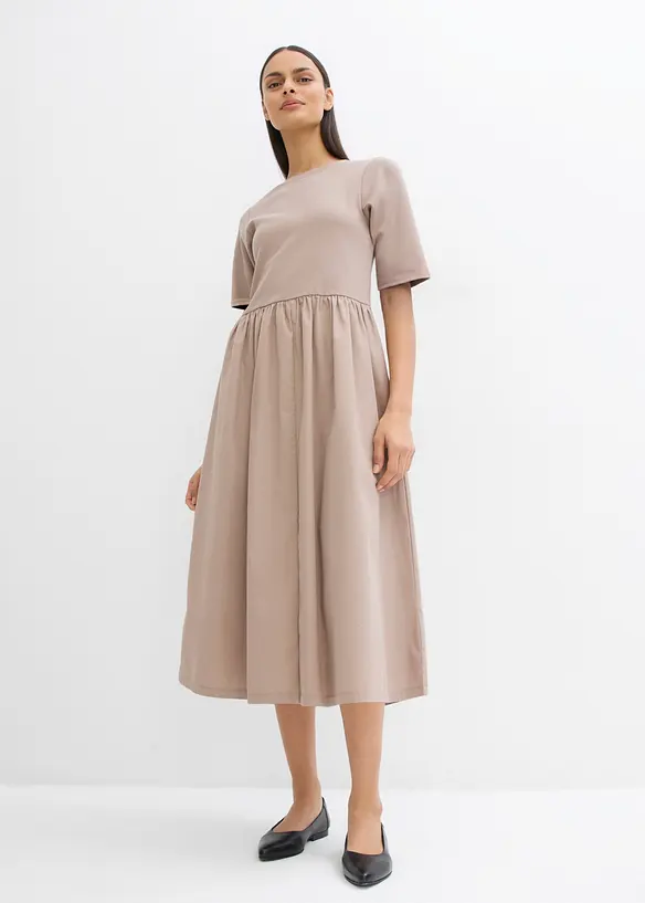 Midikleid aus Materialmix in braun von vorne (Totalaufnahme) - bonprix