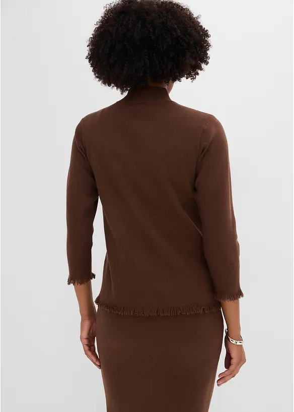 Strickjacke mit Fransenkante in braun von hinten (im Anschnitt) - bonprix