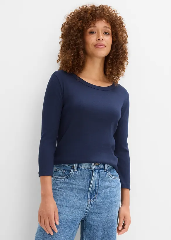 Rippshirt mit 3/4-Arm aus reiner Bio-Baumwolle (3er Pack) in blau von vorne (im Anschnitt) - bonprix Rippshirt mit 3/4-Arm aus reiner Bio-Baumwolle (3er Pack) in blau von vorne (im Anschnitt) - bonprix