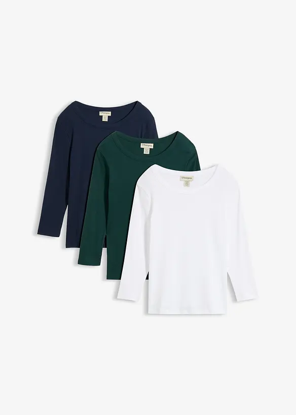 Rippshirt mit 3/4-Arm aus reiner Bio-Baumwolle (3er Pack) in blau von vorne - bonprix Rippshirt mit 3/4-Arm aus reiner Bio-Baumwolle (3er Pack) in blau von vorne - bonprix
