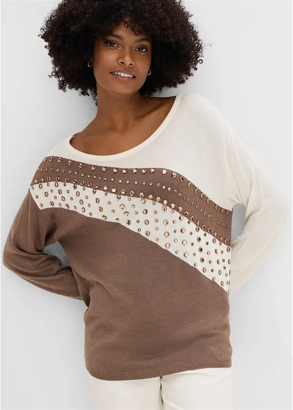 Longpullover mit Applikation in braun von vorne (im Anschnitt) - bonprix Longpullover mit Applikation in braun von vorne (im Anschnitt) - bonprix
