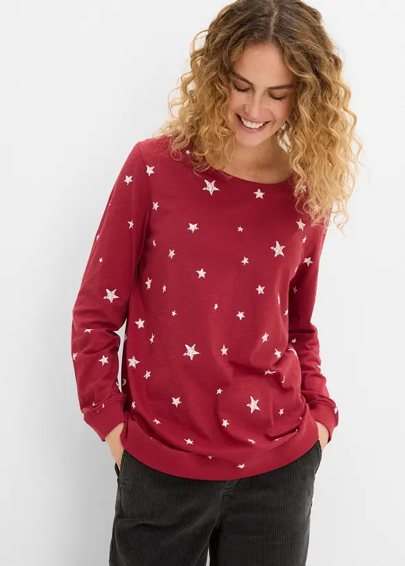 Bedrucktes Langarmshirt aus Baumwolle in rot von vorne (im Anschnitt) - bonprix Bedrucktes Langarmshirt aus Baumwolle in rot von vorne (im Anschnitt) - bonprix