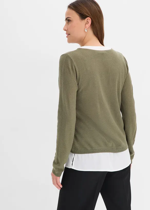 Feinstrickpullover mit Bluseneinsatz in grün von hinten (im Anschnitt) - bonprix