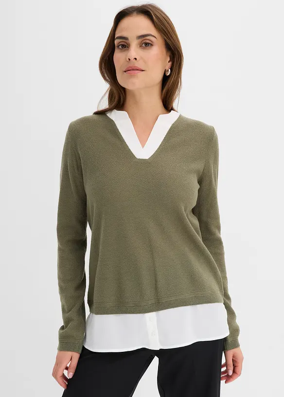Feinstrickpullover mit Bluseneinsatz in grün von vorne (im Anschnitt) - bonprix