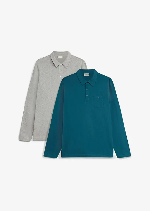 Polo-Langarmshirt mit Brusttasche (2er Pack) in petrol von vorne - bonprix