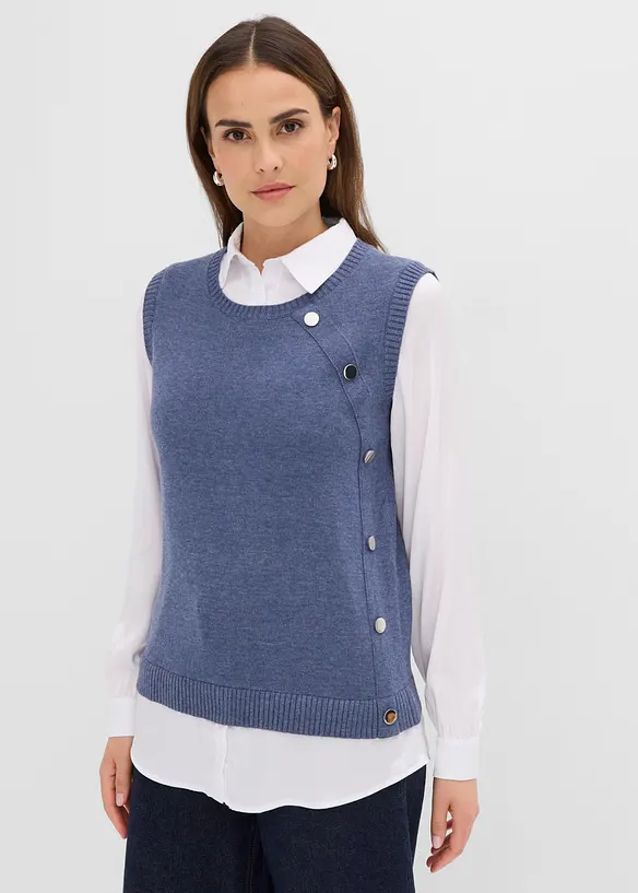 Pullover mit Blusen-Einsatz in blau von vorne (im Anschnitt) - bonprix Pullover mit Blusen-Einsatz in blau von vorne (im Anschnitt) - bonprix