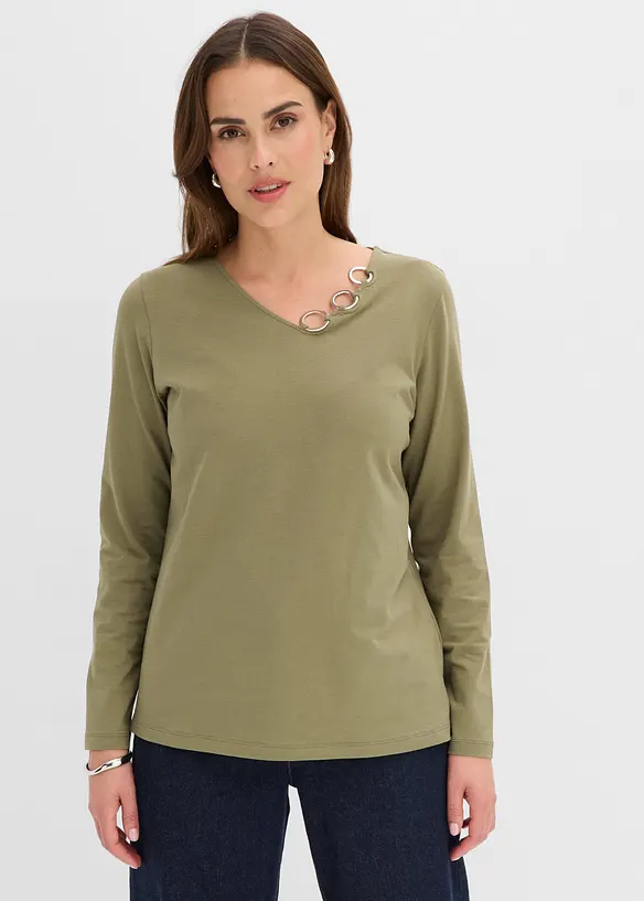 Langarmshirt mit Ösen in grün von vorne (im Anschnitt) - bonprix