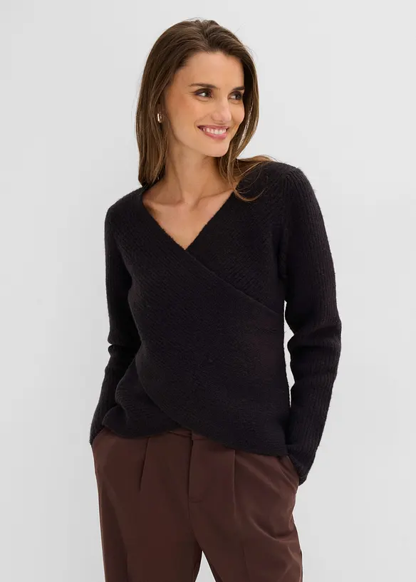 Wickelpullover mit V-Ausschnitt in schwarz von vorne (im Anschnitt) - bonprix