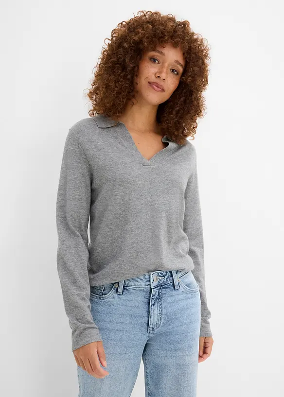 Strick-Poloshirt aus feiner Viskose in grau von vorne (im Anschnitt) - bonprix Strick-Poloshirt aus feiner Viskose in grau von vorne (im Anschnitt) - bonprix