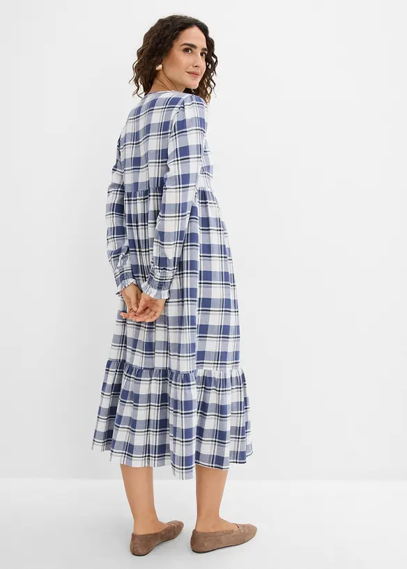 Flanell-Midikleid aus reiner Baumwolle in blau von hinten (Totalaufnahme) - bonprix