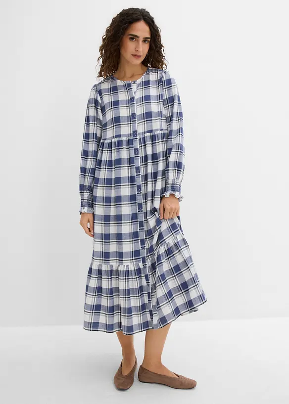 Flanell-Midikleid aus reiner Baumwolle in blau von vorne (Totalaufnahme) - bonprix