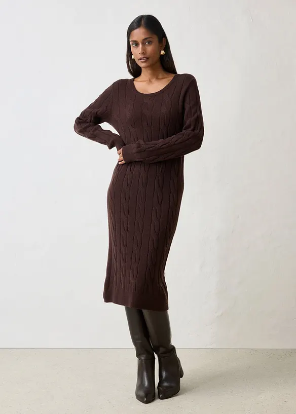 Strickkleid mit Wolle und Zopfmuster in braun von vorne (Totalaufnahme) - bonprix Strickkleid mit Wolle und Zopfmuster in braun von vorne (Totalaufnahme) - bonprix