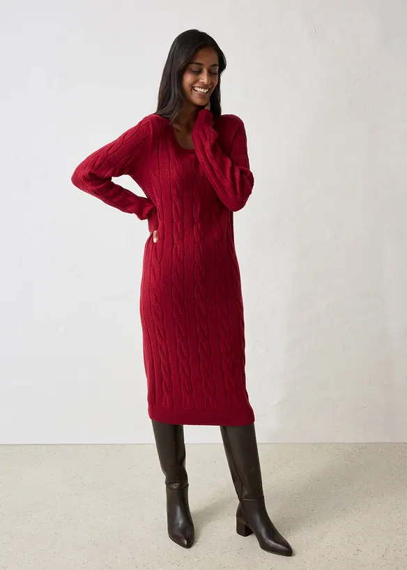 Strickkleid mit Wolle und Zopfmuster in rot von vorne (Totalaufnahme) - bonprix Strickkleid mit Wolle und Zopfmuster in rot von vorne (Totalaufnahme) - bonprix