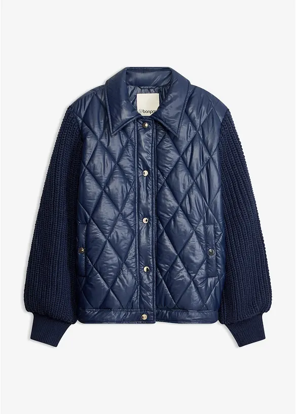 Wasserabweisender Stepp-Blouson mit Strickärmeln in blau von vorne - bonprix