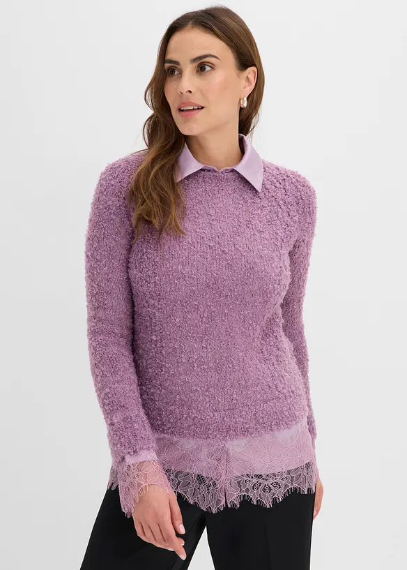 Pullover mit Bluseneinsatz in lila von vorne (im Anschnitt) - bonprix Pullover mit Bluseneinsatz in lila von vorne (im Anschnitt) - bonprix