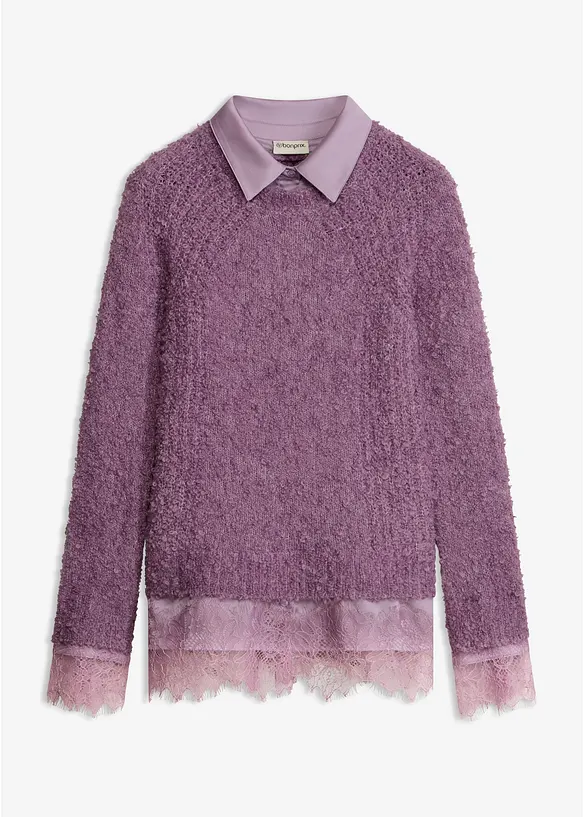 Pullover mit Bluseneinsatz in lila von vorne - bonprix Pullover mit Bluseneinsatz in lila von vorne - bonprix
