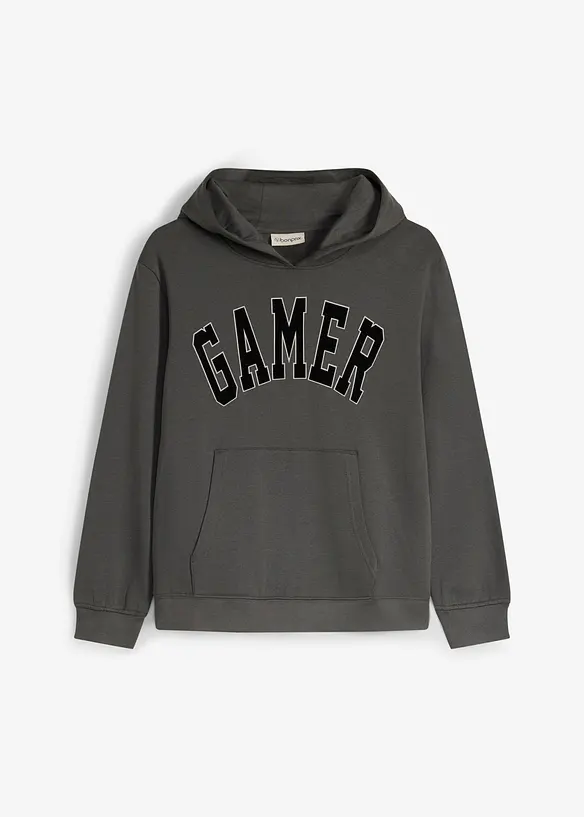 Hoodie aus weicher Bio Baumwolle mit Flockprint in grau von vorne - bonprix