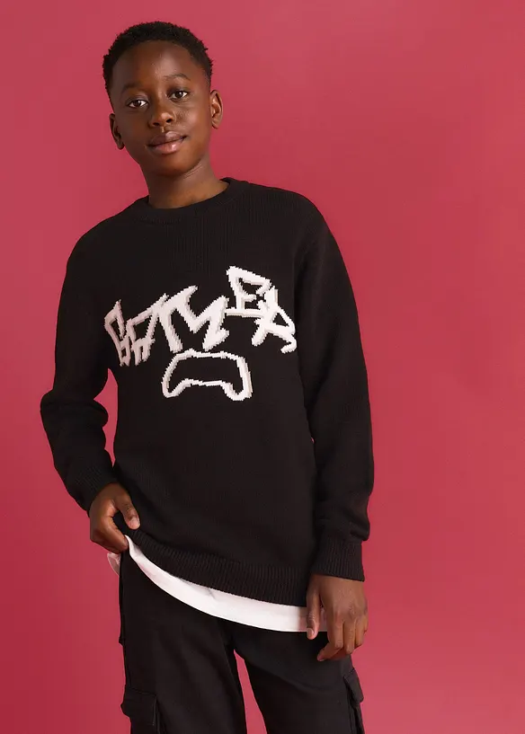 Grobstrick-Pullover aus reiner Baumwolle in schwarz von vorne (im Anschnitt) - bonprix Grobstrick-Pullover aus reiner Baumwolle in schwarz von vorne (im Anschnitt) - bonprix