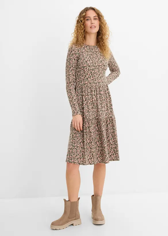 Ripp-Midikleid mit Stretch in grün von vorne (Totalaufnahme) - bonprix Ripp-Midikleid mit Stretch in grün von vorne (Totalaufnahme) - bonprix
