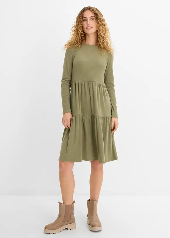 Ripp-Midikleid mit Stretch in grün von vorne (Totalaufnahme) - bonprix Ripp-Midikleid mit Stretch in grün von vorne (Totalaufnahme) - bonprix