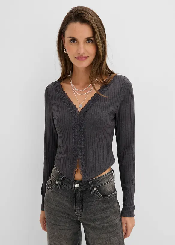 Rippenshirt mit Spitze in grau von vorne (im Anschnitt) - bonprix