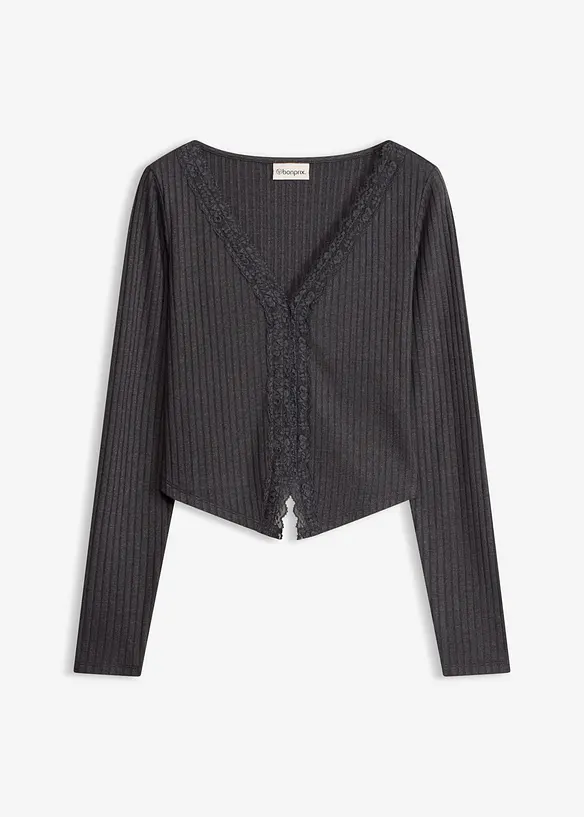 Rippenshirt mit Spitze in grau von vorne - bonprix