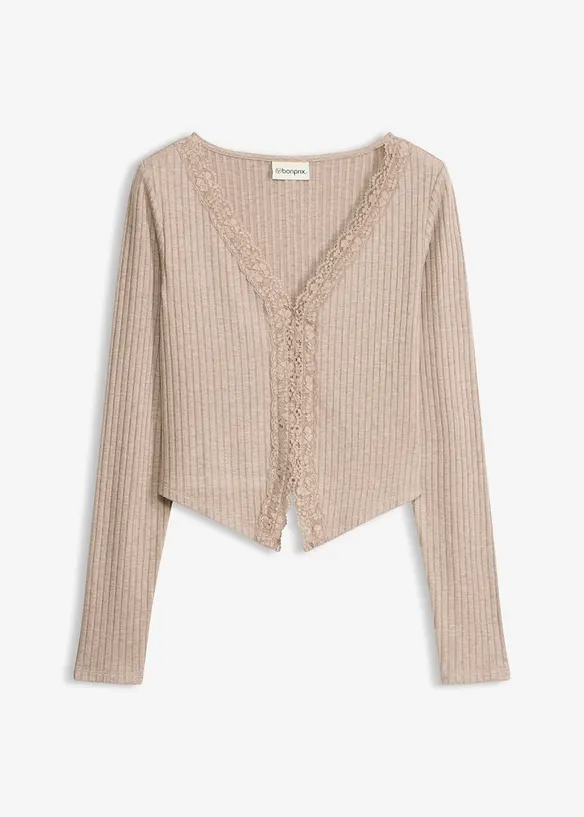 Rippenshirt mit Spitze in beige von vorne - bonprix Rippenshirt mit Spitze in beige von vorne - bonprix