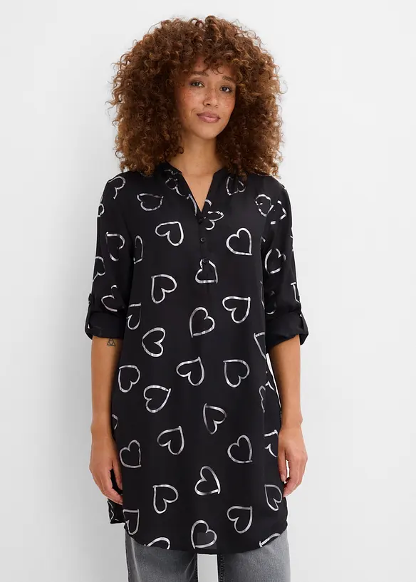 Longbluse mit glänzendem Druck in schwarz von vorne (im Anschnitt) - bonprix