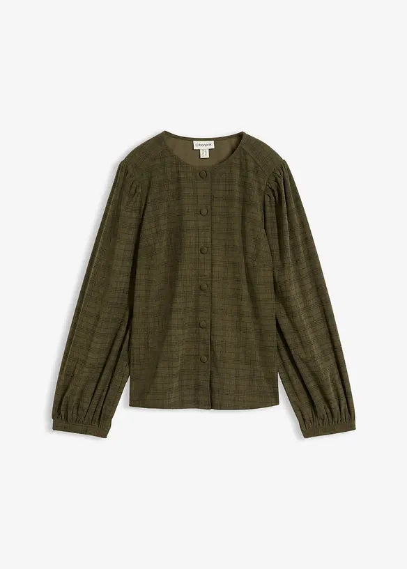 Karierte Cord-Bluse mit Pufferärmeln in grün von vorne - bonprix