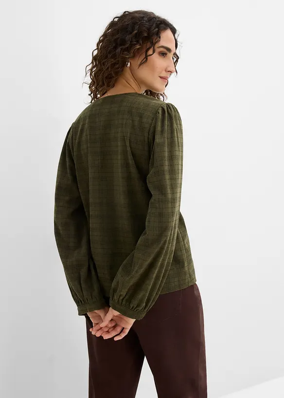 Karierte Cord-Bluse mit Pufferärmeln in grün von hinten (im Anschnitt) - bonprix