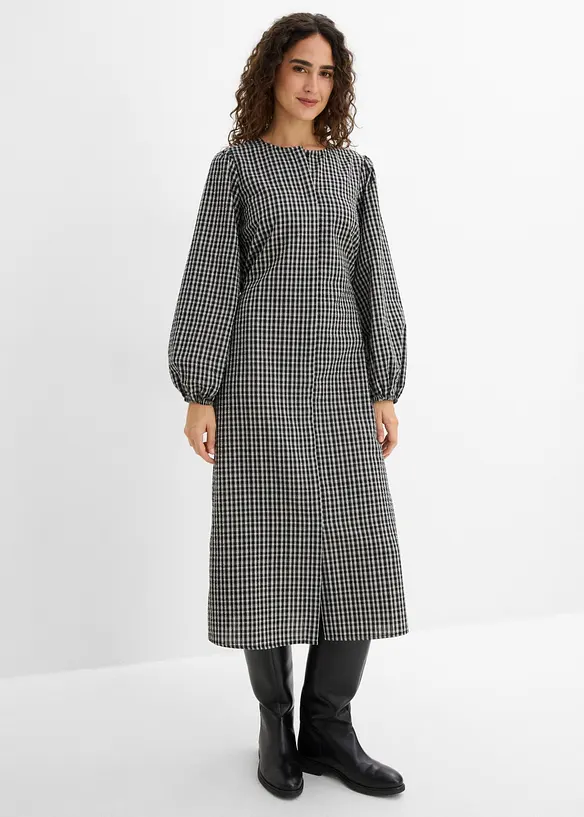 Kariertes Midikleid mit Bindegürtel in weiß von vorne (Totalaufnahme) - bonprix