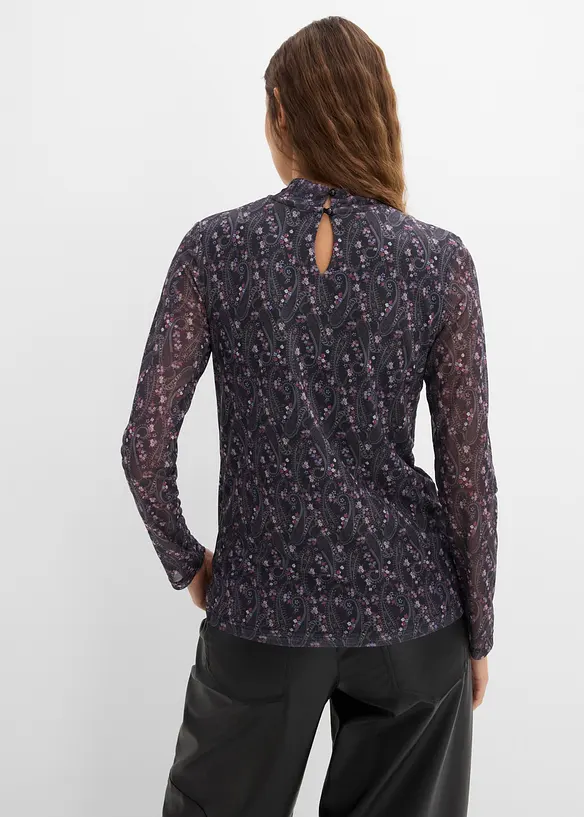 Langarmshirt aus feinem Mesh in schwarz von hinten (im Anschnitt) - bonprix
