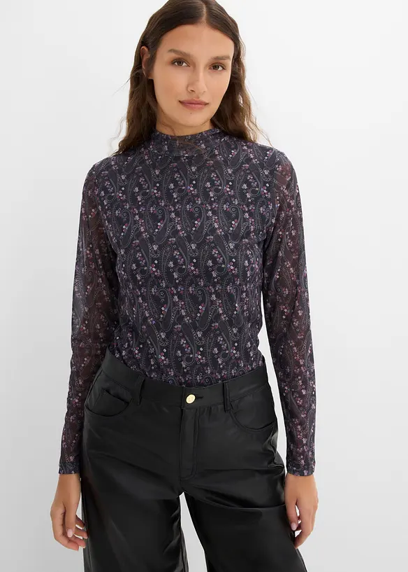 Langarmshirt aus feinem Mesh in schwarz von vorne (im Anschnitt) - bonprix