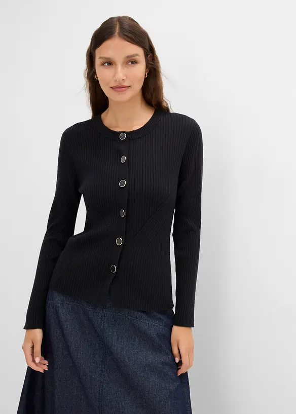 Feinstrickjacke aus Viskose-Mix in schwarz von vorne (im Anschnitt) - bonprix Feinstrickjacke aus Viskose-Mix in schwarz von vorne (im Anschnitt) - bonprix