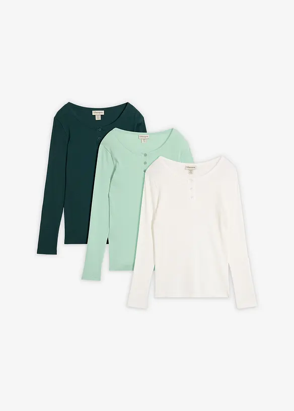 Ripp-Henleyshirt aus reiner Bio-Baumwolle (3er Pack) in grün von vorne - bonprix Ripp-Henleyshirt aus reiner Bio-Baumwolle (3er Pack) in grün von vorne - bonprix
