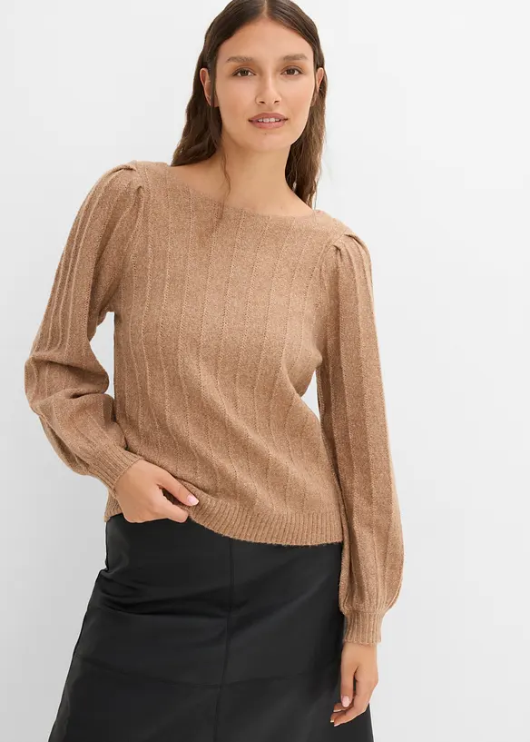 Pullover mit Puffärmeln in braun von vorne (im Anschnitt) - bonprix Pullover mit Puffärmeln in braun von vorne (im Anschnitt) - bonprix
