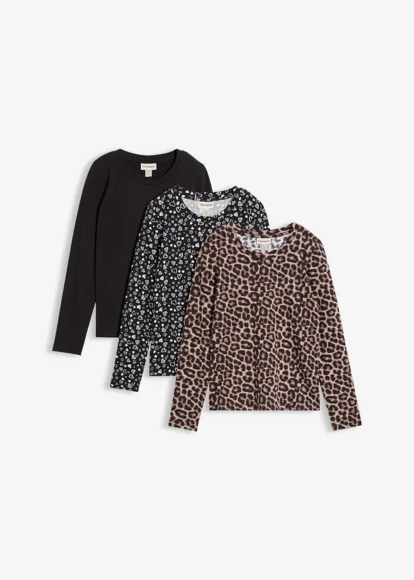 Langarmshirt (3er Pack) aus Baumwoll-Elasthan-Mix in schwarz von vorne - bonprix