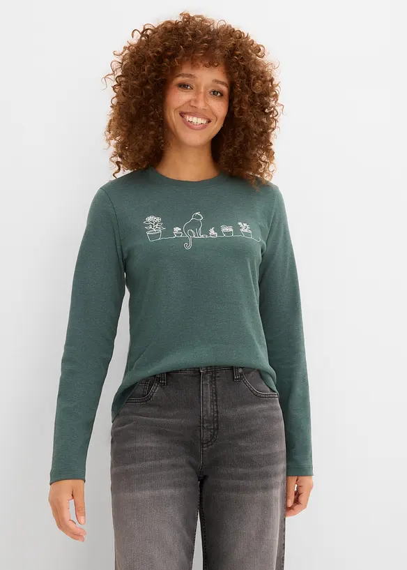 Langarmshirt aus purer Baumwolle in grün von vorne (im Anschnitt) - bonprix Langarmshirt aus purer Baumwolle in grün von vorne (im Anschnitt) - bonprix