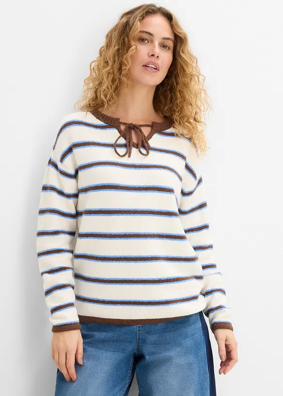 Pullover aus Baumwoll-Mix mit Bindelösung in weiß von vorne (im Anschnitt) - bonprix Pullover aus Baumwoll-Mix mit Bindelösung in weiß von vorne (im Anschnitt) - bonprix