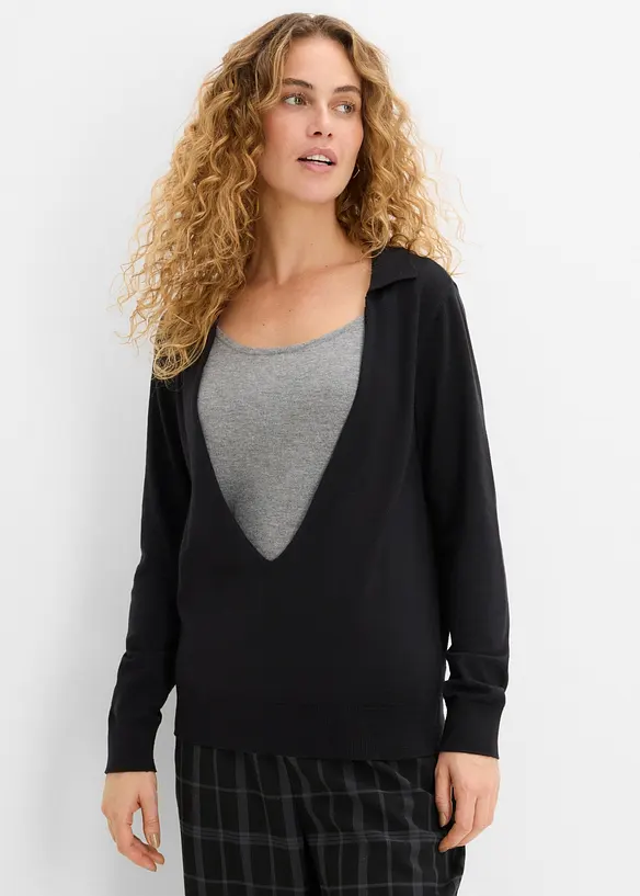 Feinstrickpullover im Layering-Look aus Viskose-Mix in schwarz von vorne (im Anschnitt) - bonprix Feinstrickpullover im Layering-Look aus Viskose-Mix in schwarz von vorne (im Anschnitt) - bonprix