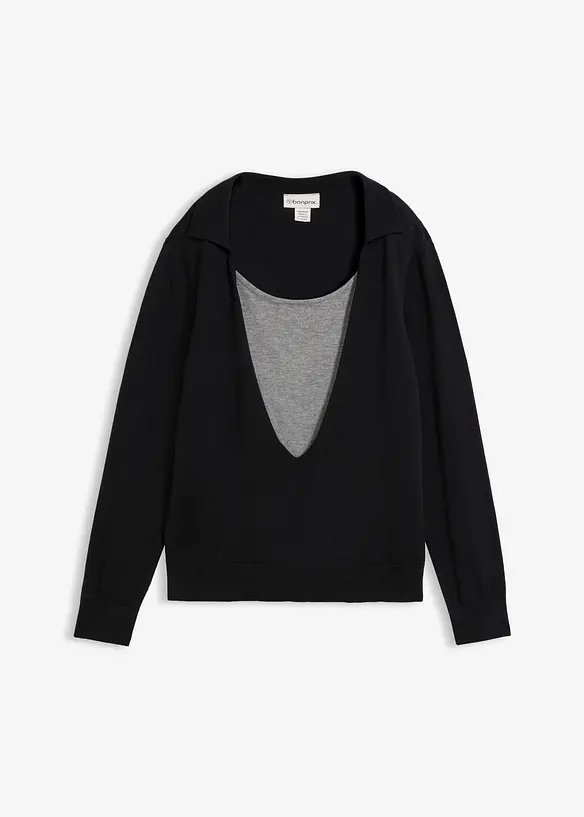 Feinstrickpullover im Layering-Look aus Viskose-Mix in schwarz von vorne - bonprix Feinstrickpullover im Layering-Look aus Viskose-Mix in schwarz von vorne - bonprix