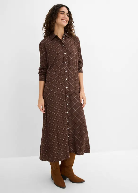 Blusenkleid aus reiner Viskose mit Eingriffstaschen in braun von vorne (Totalaufnahme) - bonprix Blusenkleid aus reiner Viskose mit Eingriffstaschen in braun von vorne (Totalaufnahme) - bonprix